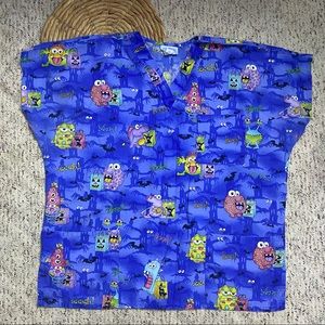 Cartoon Monster Halloween Scrub Top Sz XL